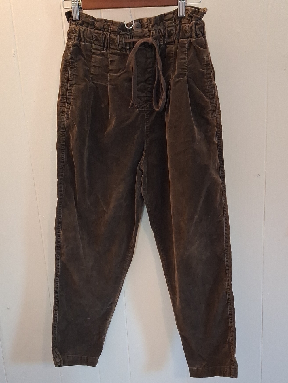 FP Women's Dark Pine/Olive Green Corduroy Paperbag Waist Trouser Pants